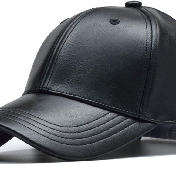 Black Leather Baseball Cap Hat, Mens, Womans,  Adjustable Faux Leather Vegan - Picture 1 of 6